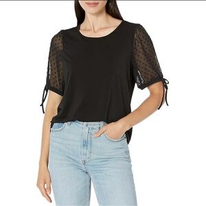 Adrianna Papell Black Short-Sleeve Swiss Dot Mesh Tie Top, Size Medium.